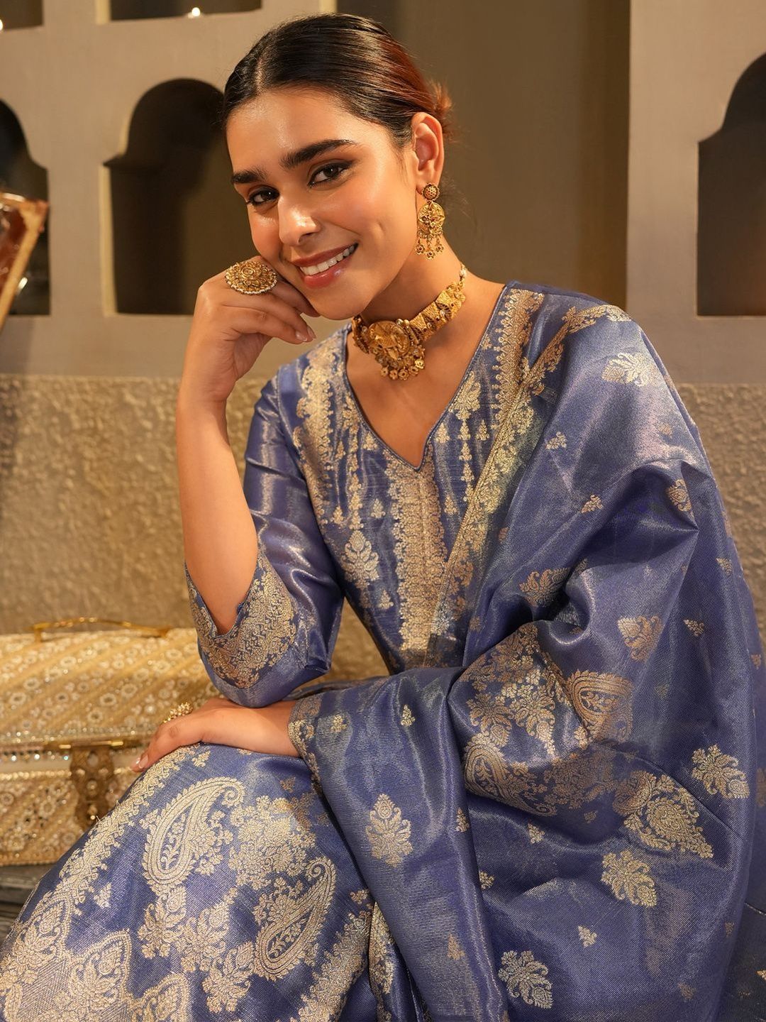 Ethnic Motifs Woven Design Zari Liva Kurta With Trousers & With Dupatta