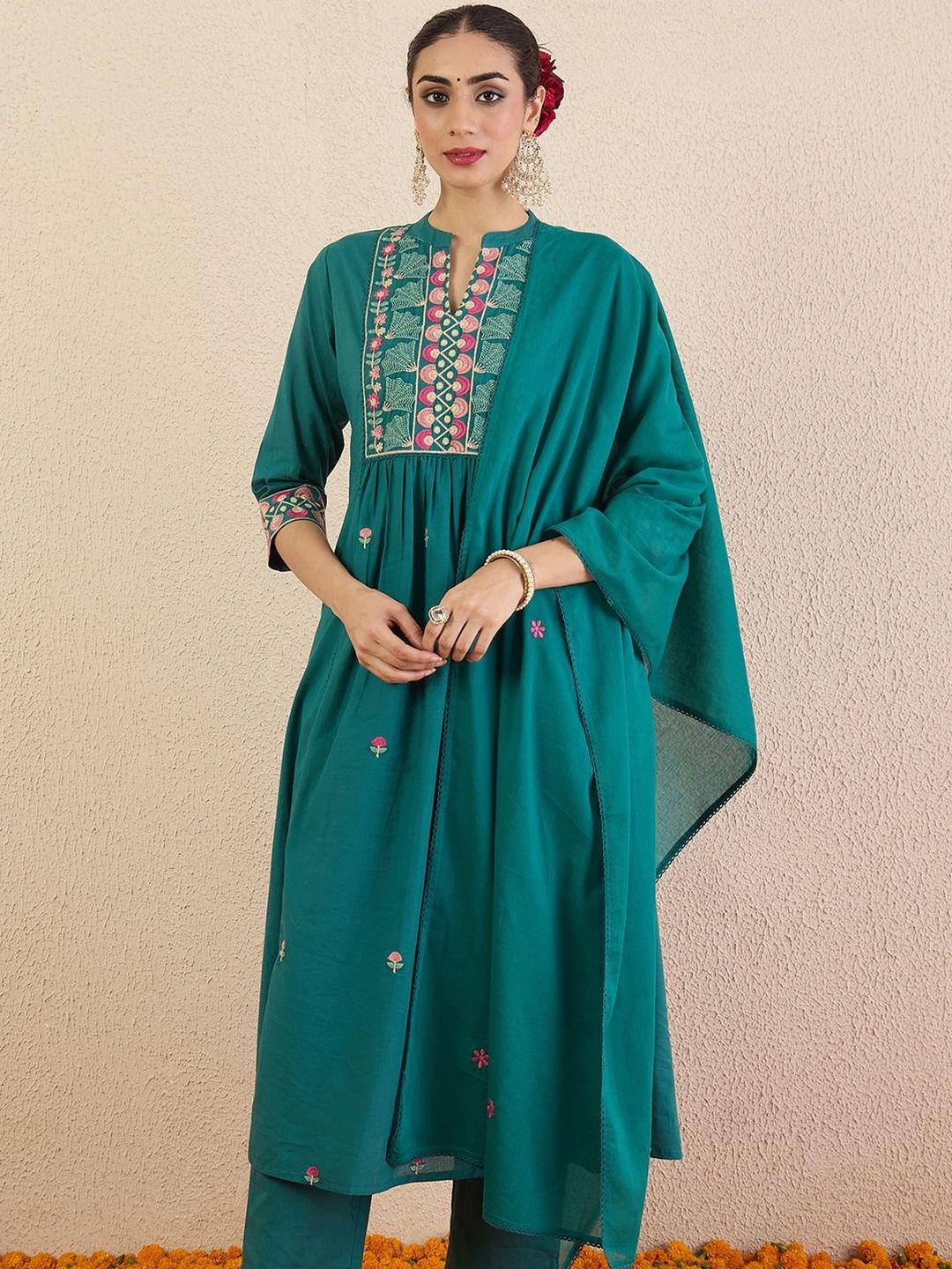 Women Ethnic Motifs Embroidered Cotton A-Line Kurta with Trousers & Dupatta
