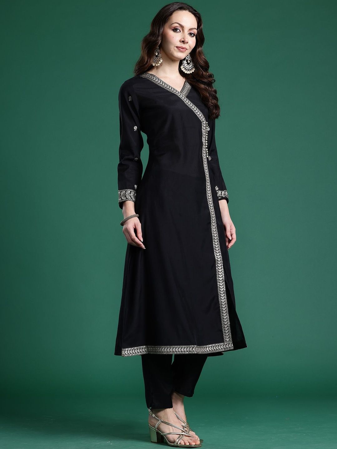 Ethnic Motifs Embroidered Angrakha Thread Work Kurta with Trousers & Dupatta