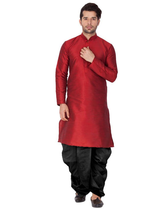 Men's Maroon Silk Blend Straight Kurta and Dhoti Set