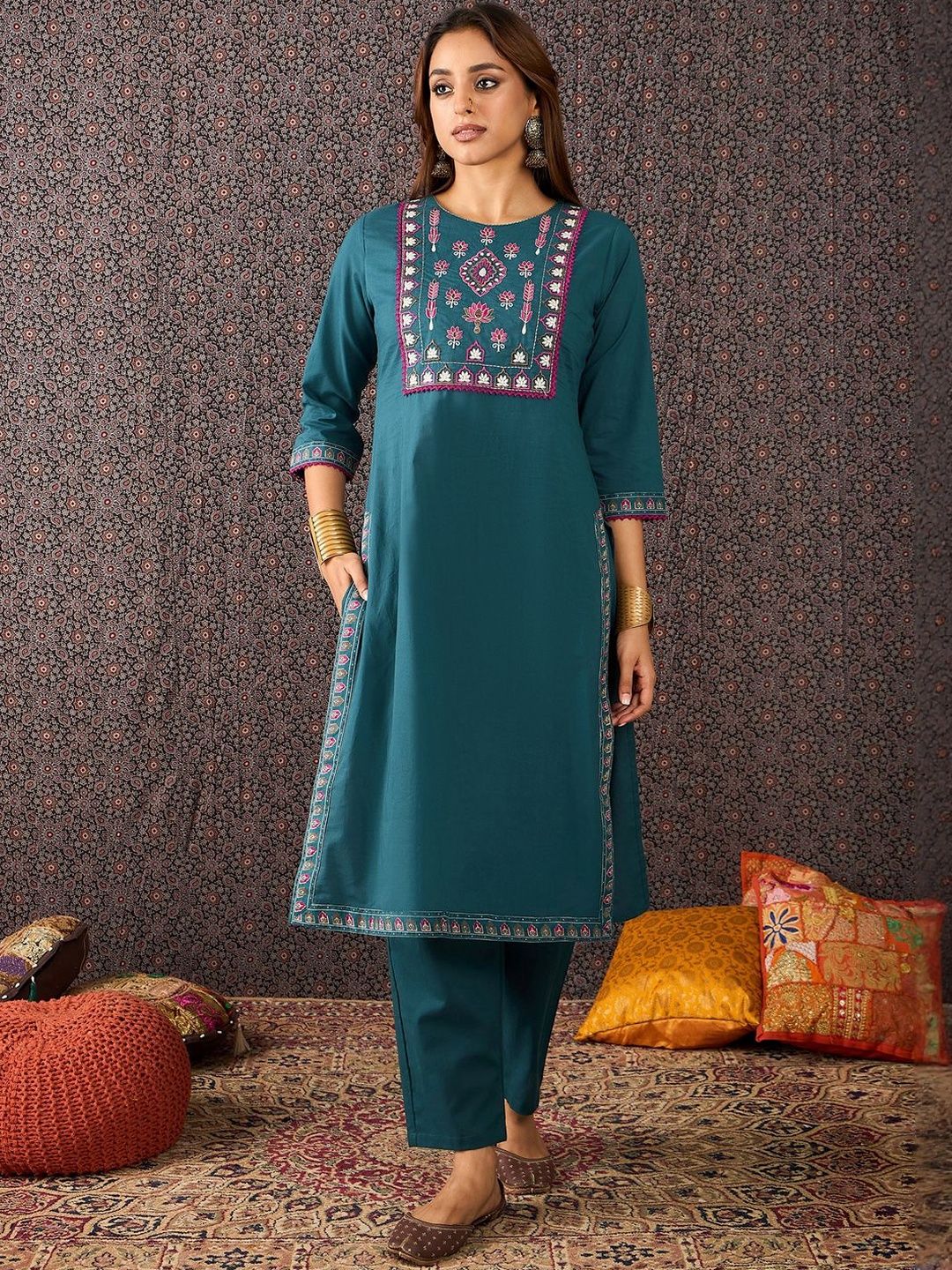 Women Embroidered Regular Thread Work Pure Cotton Kurta with Trousers & Dupatta