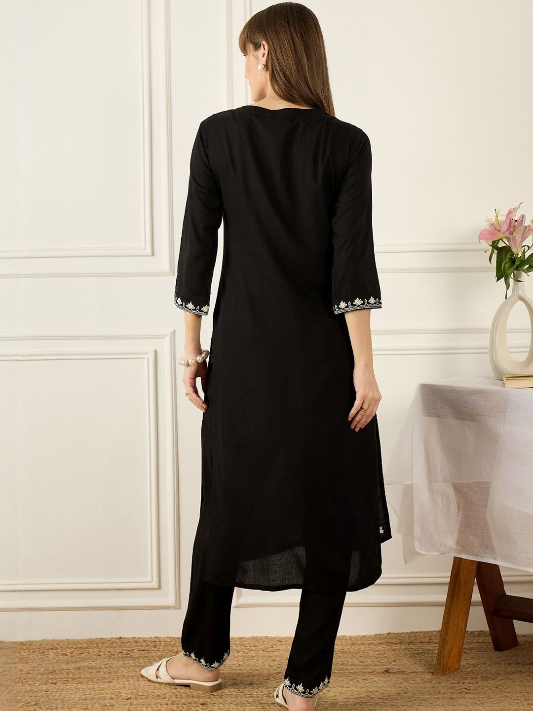 Floral Yoke Design Thread Work Pure Cotton Kurta With Palazzos