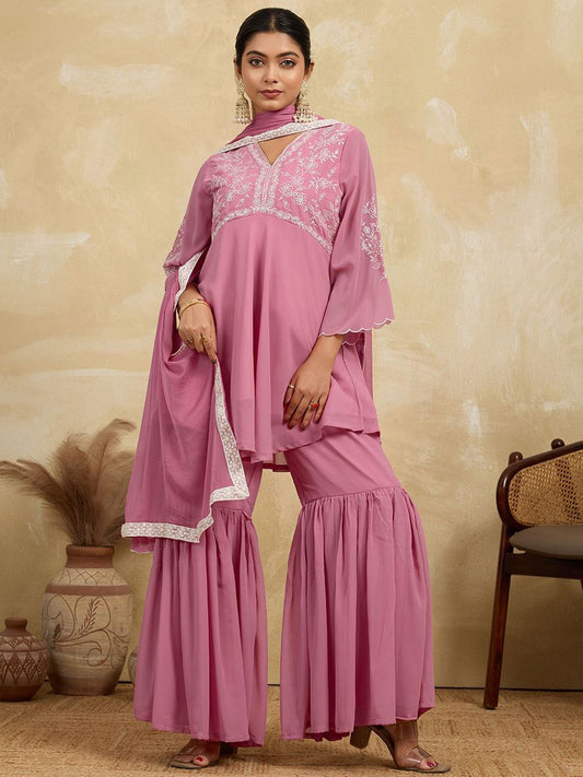 Dhiyona HOP Women Floral Embroidered A-Line Kurta with Sharara & Dupatta