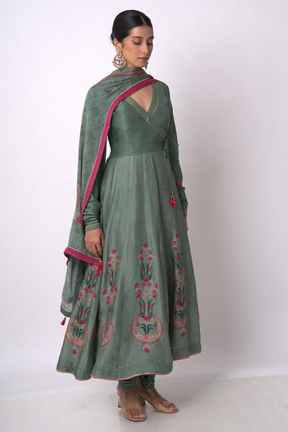 Women's Aspen Green Raw Silk Anarkali Salwar Suit