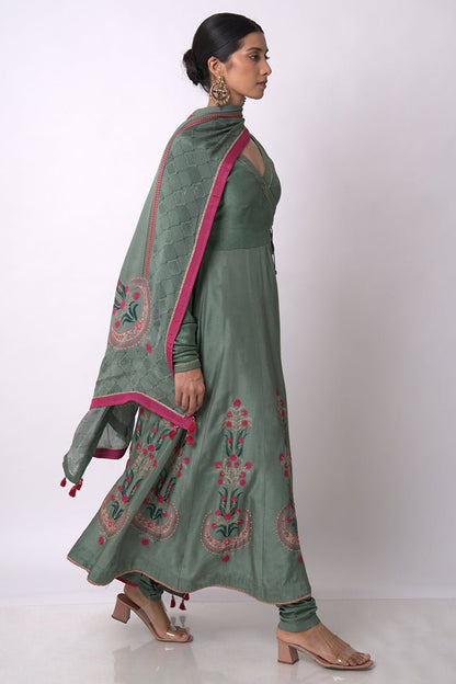Women's Aspen Green Raw Silk Anarkali Salwar Suit