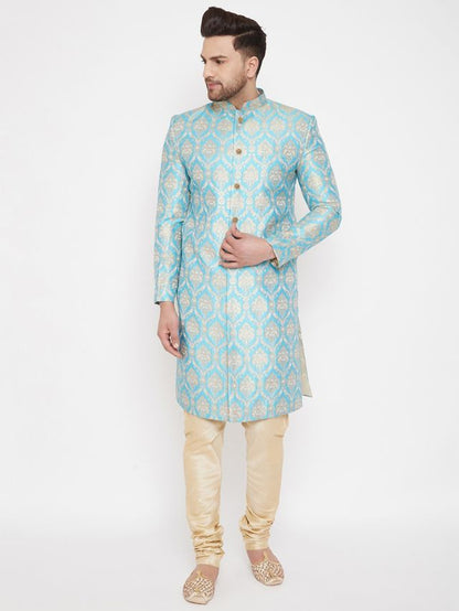 Men's Aqua Silk Blend Straight Sherwani Set