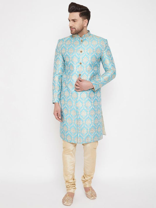 Men's Aqua Silk Blend Straight Sherwani Set