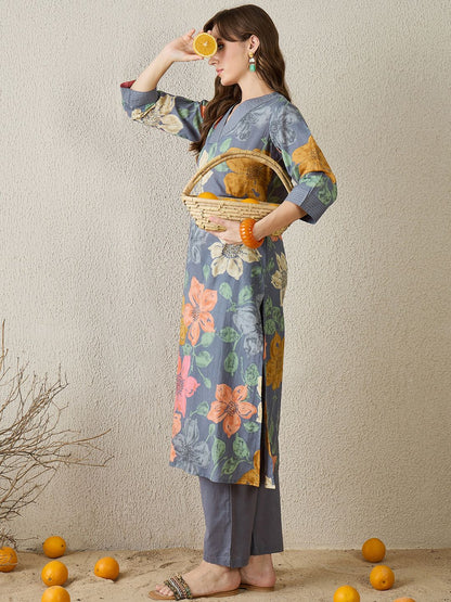 Women Grey Floral Printed Regular Pure Cotton Straight Kurta with Trousers