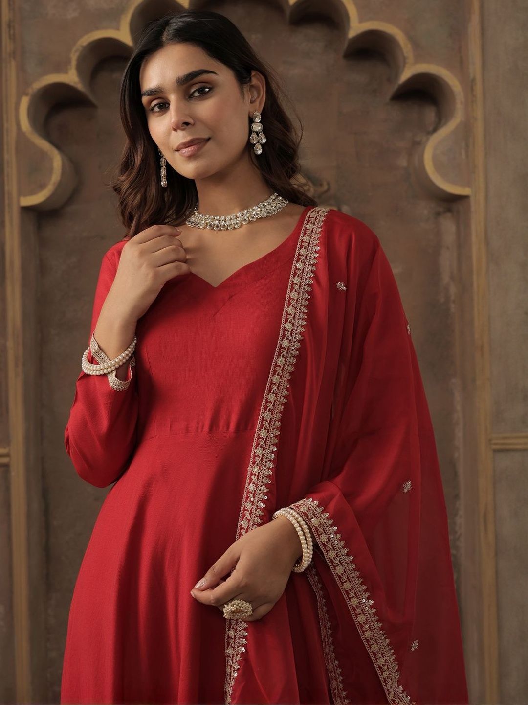 Liva Sweetheart Neck Anarkali Kurta With Trousers & Dupatta