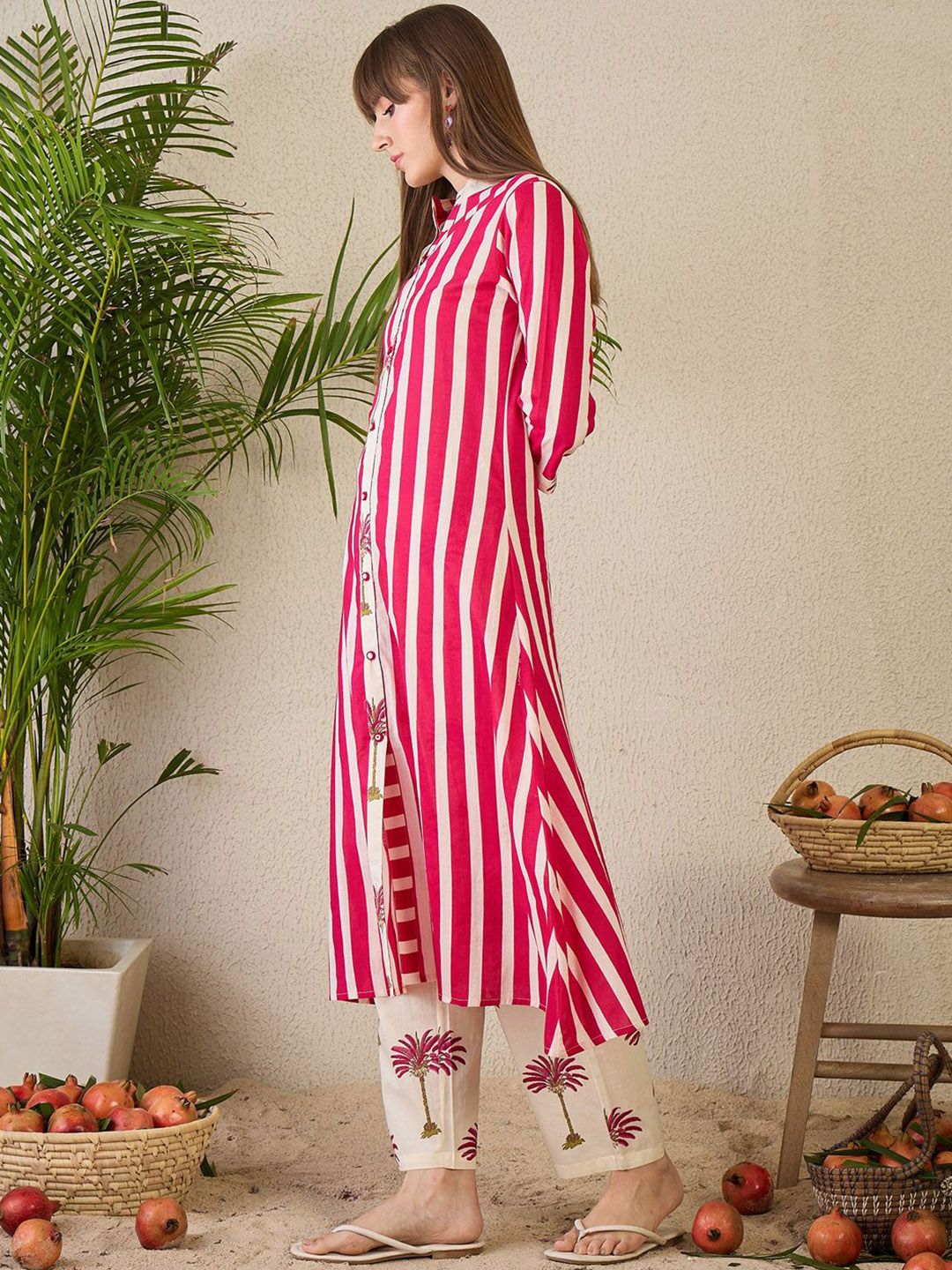 Dhiyona IE Printed Mandarin Collar A-Line Pure Cotton Tunic with Trousers