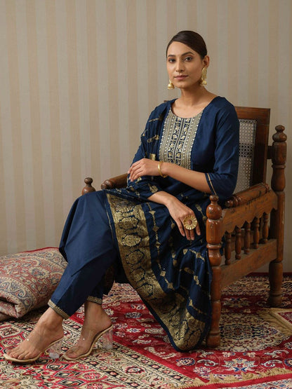 Dhiyona OD  Floral Yoke Design Silk Straight Kurta & Trousers With Dupatta