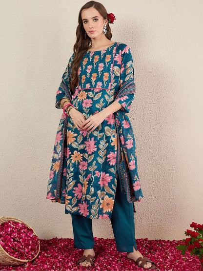 Women Floral Printed Regular Pure Cotton Kurta with Trousers & With Dupatta