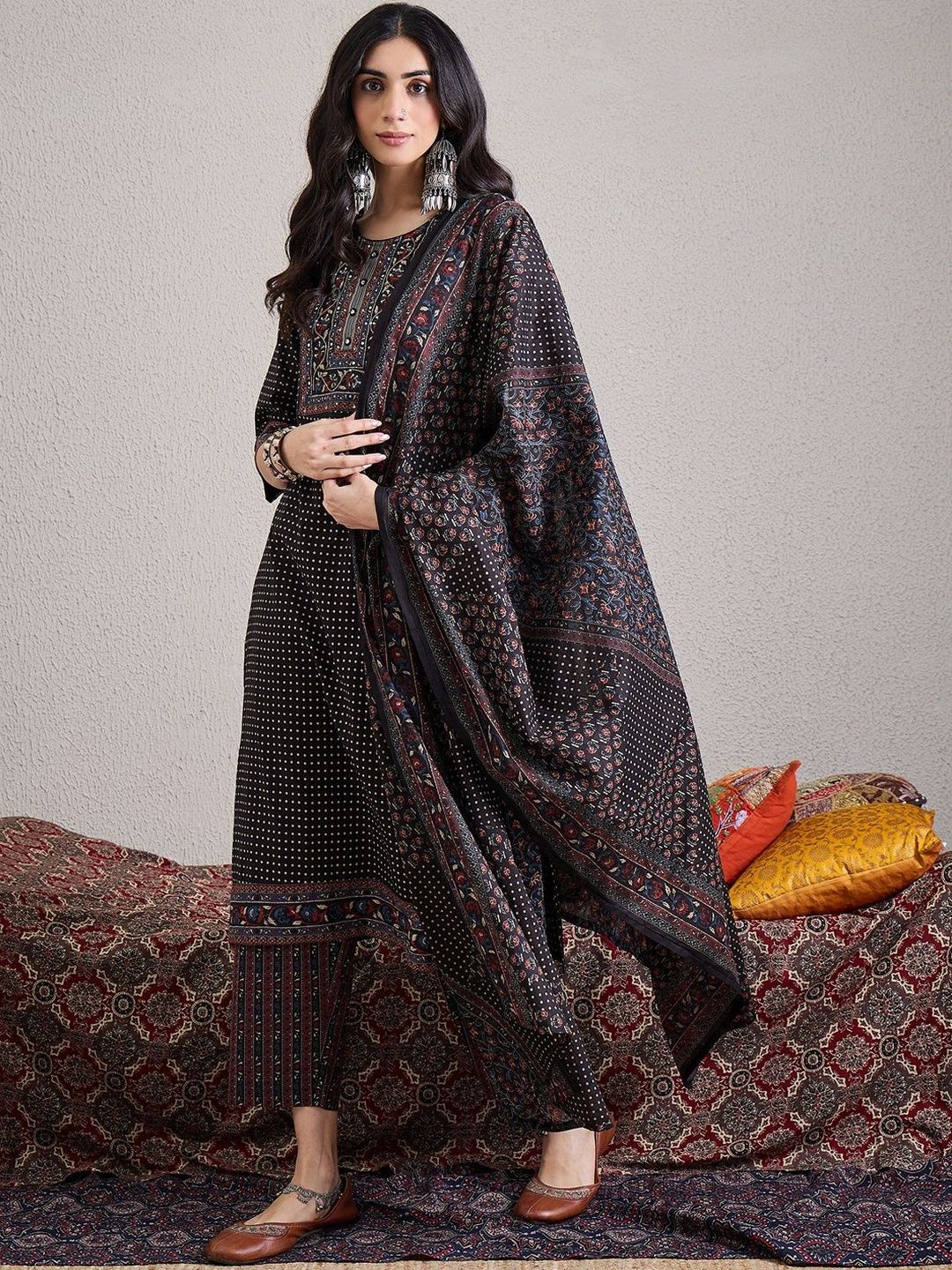Ethnic Motifs Yoke Design Pure Cotton Straight Kurta & Trousers With Dupatta