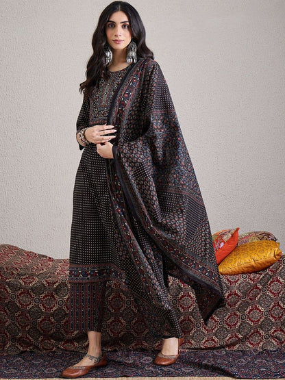 Ethnic Motifs Yoke Design Pure Cotton Straight Kurta & Trousers With Dupatta