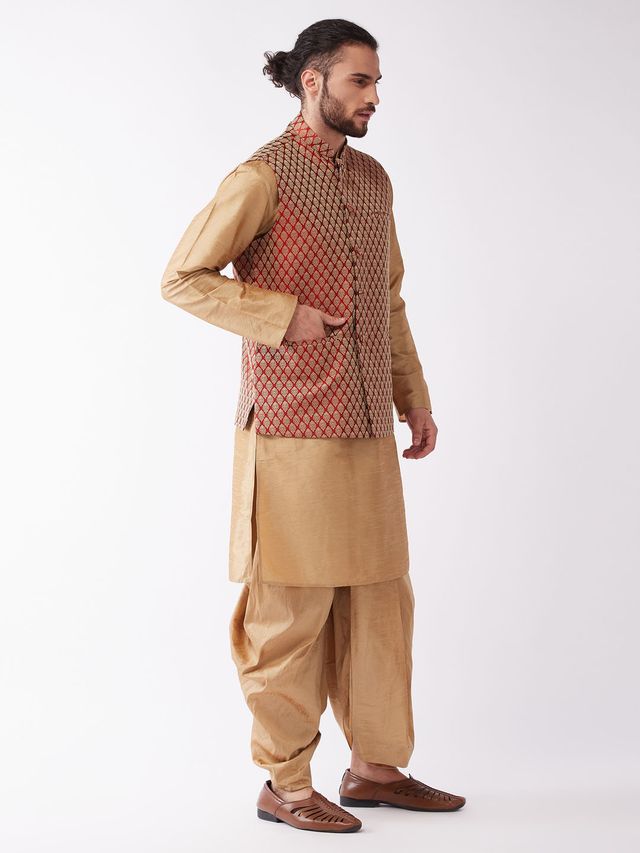 Men's Rose Gold Silk Blend Straight Jacket  Kurta and Dhoti Set
