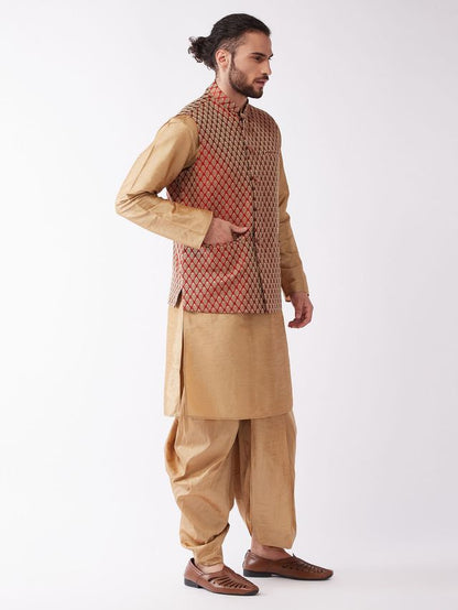 Men's Rose Gold Silk Blend Straight Jacket  Kurta and Dhoti Set