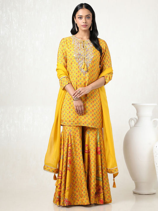 Dhiyona SO Women's Women Floral Printed Angrakha Mirror Work Kurta with Sharara & With Dupatta