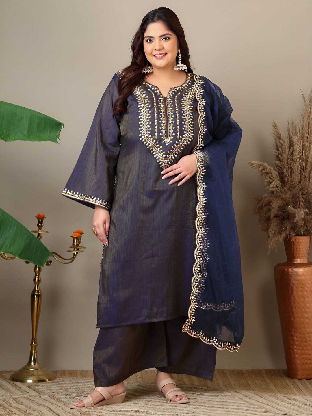 Dhiyona IN Ethnic Motifs Thread Work Straight Kurta With Palazzos & Dupatta