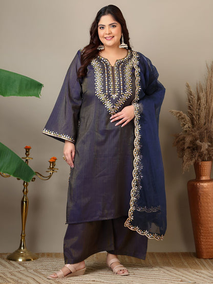 Dhiyona IN Ethnic Motifs Thread Work Straight Kurta With Palazzos & Dupatta