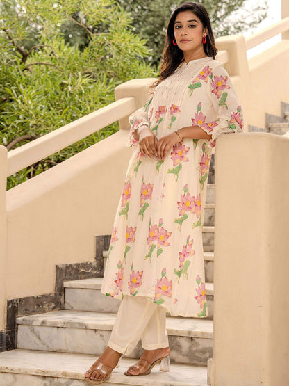 Women Floral Printed Mandarin Collar Pure Cotton A-Line Kurta with Trousers