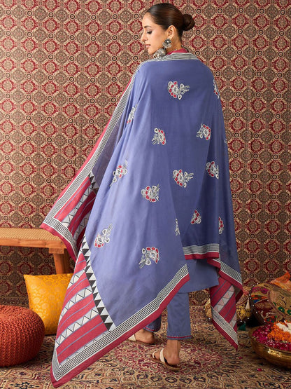 Ethnic Motifs Embroidered Sequinned Pure Cotton Kurta With Trousers & Dupatta