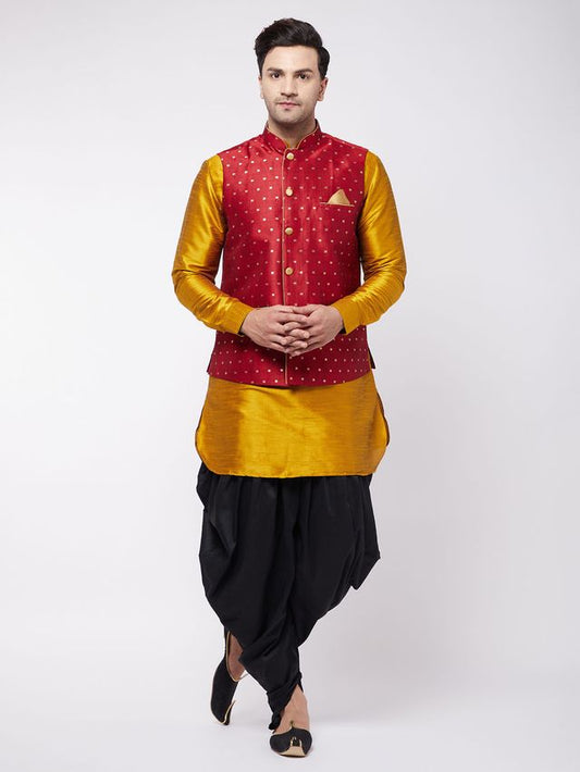 Men's Mustard Silk Blend Straight Jacket  Kurta and Dhoti Set