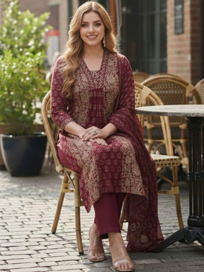 Dhiyona KL Women Ethnic Motifs Printed Regular Kurta with Trousers & With Dupatta