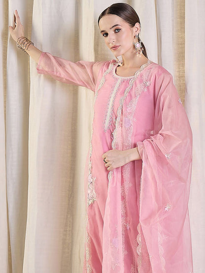 Floral Embroidered Thread Work Organza Kurta With Trousers & Dupatta