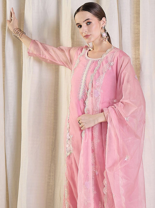 Floral Embroidered Thread Work Organza Kurta With Trousers & Dupatta