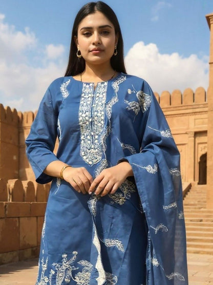 Ethnic Motifs Embroidered Thread Work Pure Cotton Kurta With Trousers & Dupatta