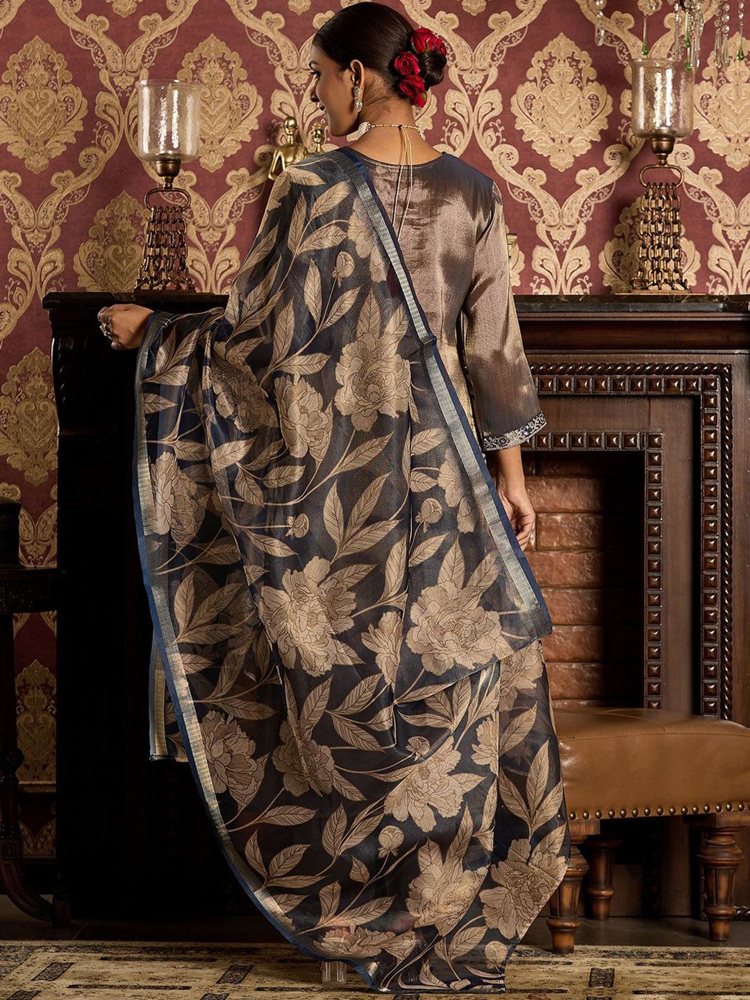 Dhiyona IE Floral Embroidered Zari Liva Kurta With Trousers & Dupatta