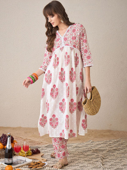 Dhiyona IE Floral Printed V-Neck Empire Pure Cotton A-Line Kurta With Trouser