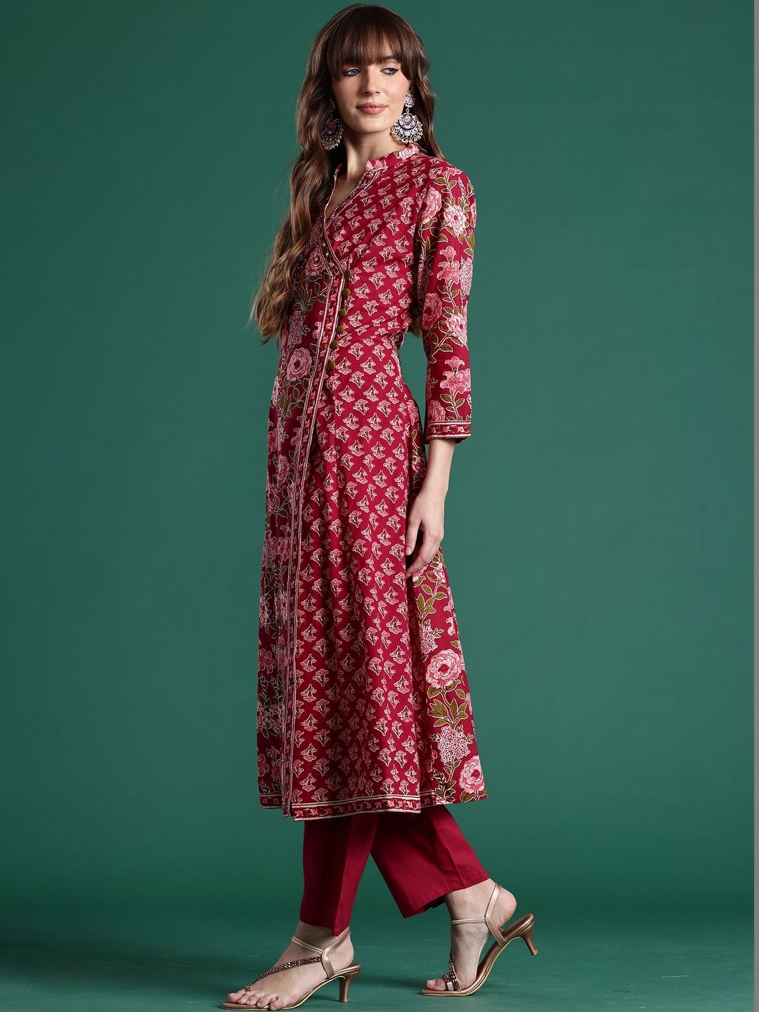 Women Floral Printed Angrakha Pure Cotton Kurta with Trousers & With Dupatta