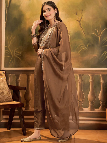 Dhiyona SN Women's Sequin Embroidered A-Line Kurta & Trousers With Dupatta