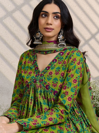 Floral Printed Panelled Pure Cotton Kurta With Trouser & Dupatta
