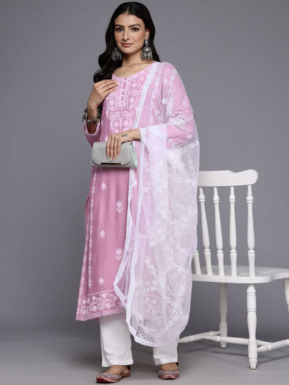 Dhiyona VA Women'sFloral Embroidered Regular Thread Work Kurta With Trousers & Dupatta