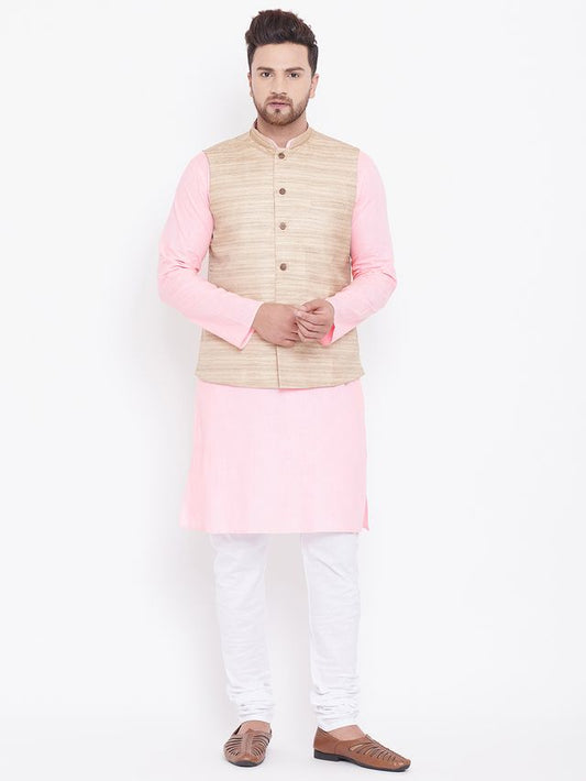 Men's Pink Cotton Blend Straight Jacket  Kurta and Pyjama Set