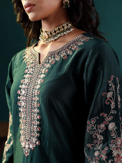 Dhiyona VA Women'sGreen Floral Embroidered Regular Sequinned Kurta With Trouser With Dupatta