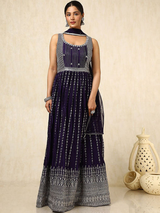 Dhiyona SO Women's Women Ethnic Motifs Embroidered Pleated Sequinned Kurta With Dupatta