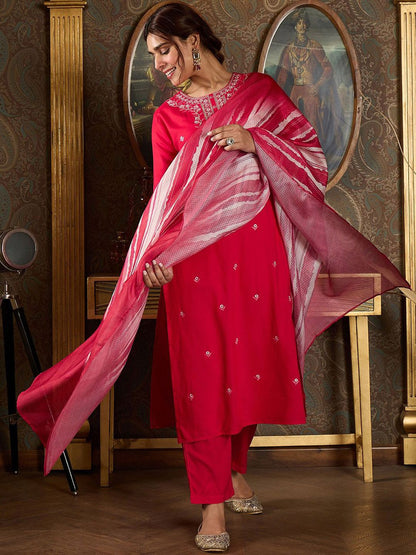 Floral Embroidered Thread Work Straight Kurta With Trousers And Dupatta