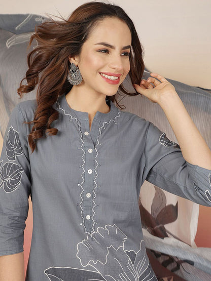 Dhiyona SN Women's Floral Printed Cotton Kurta with Trousers & Dupatta