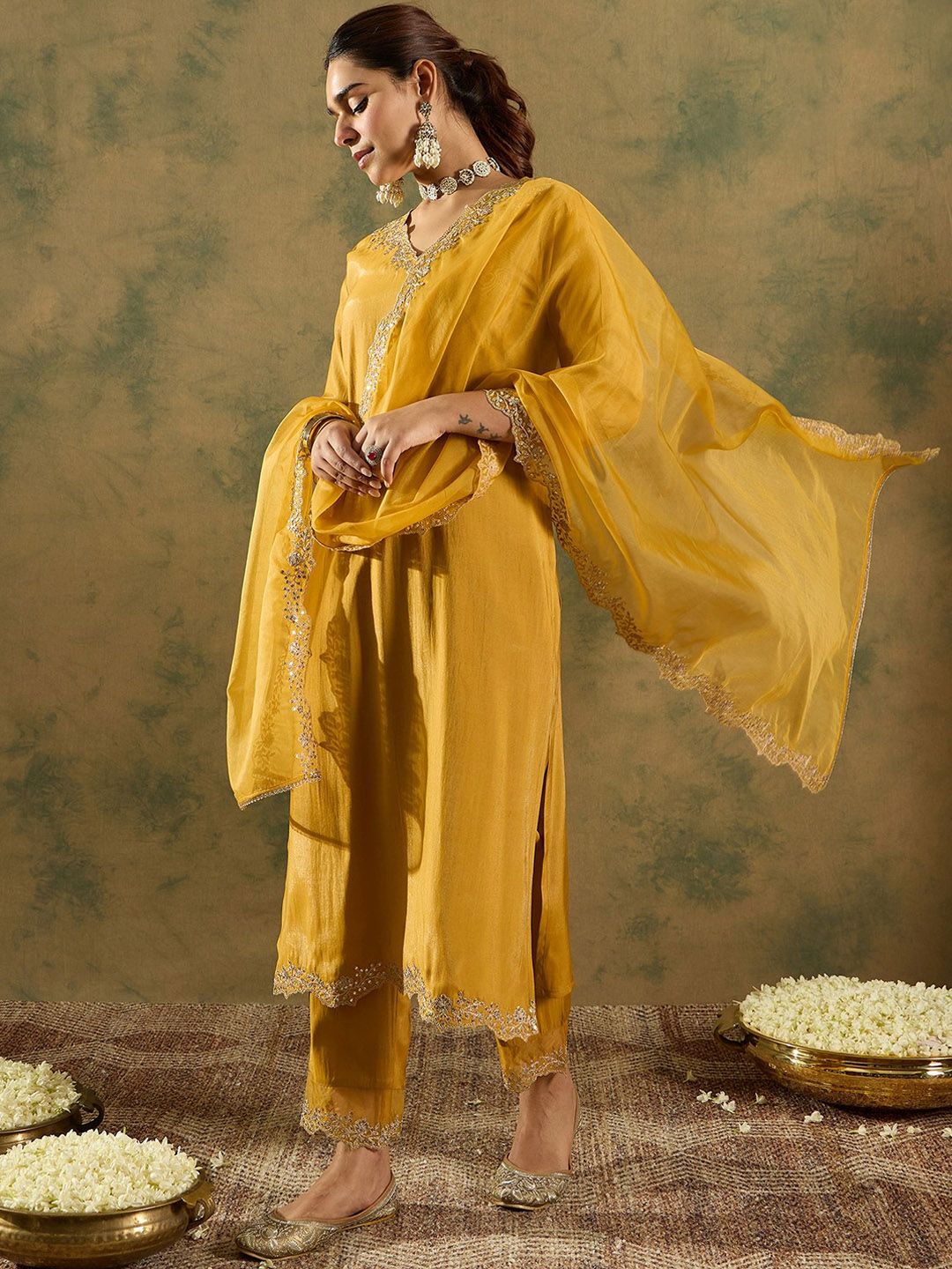 Floral Embroidered Kurta With Trousers & Dupatta