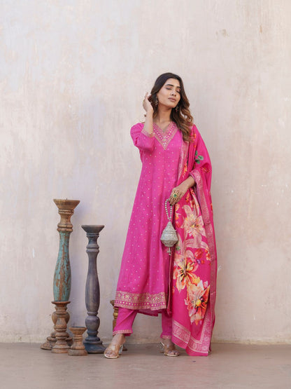 Dhiyona PD Women Bandhani Printed V-Neck Panelled Anarkali Kurta With Trouser & Dupatta