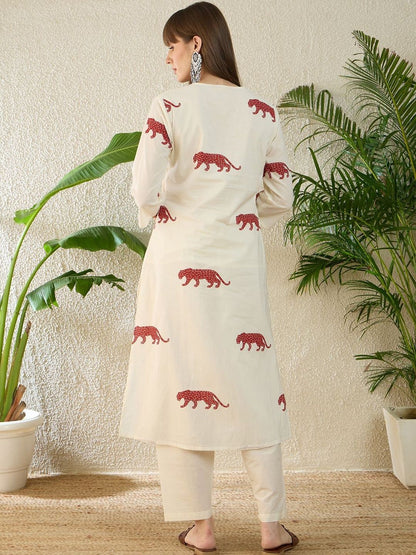 Animal Printed Pure Cotton A Line Kurta With Trousers