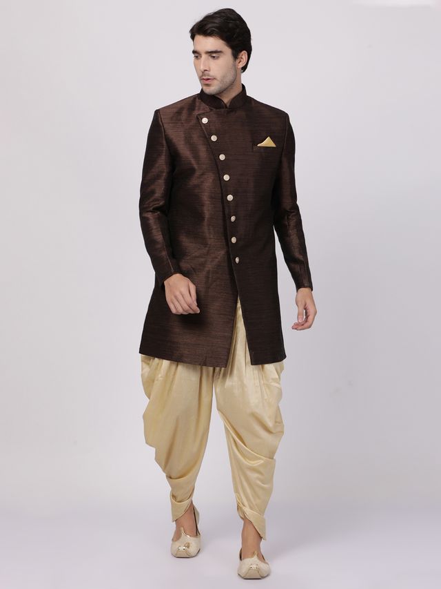 Men's Brown Silk Blend Straight Sherwani Set