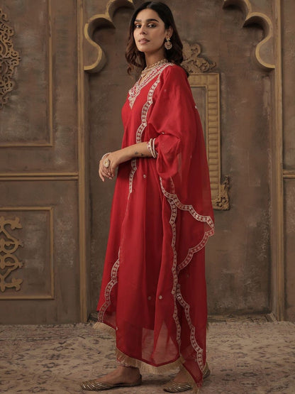 Ethnic Motifs Embroidered V-Neck Straight Kurta With Trousers & Dupatta