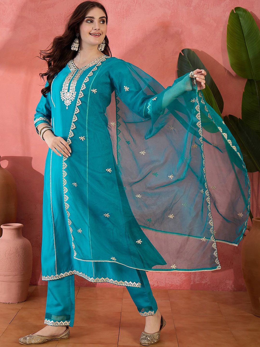 Dhiyona SN Women's Solid Embroidered Kurta with Trousers & Dupatta