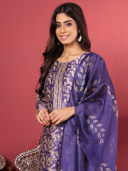 Dhiyona VA Women'sPurple Floral Printed Beads and Stones Chanderi Silk Kurta with Trousers & Dupatta