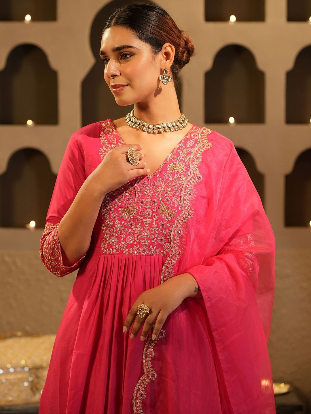 Women Embroidered Pleated Thread Work Kurta And Trousers With Dupatta