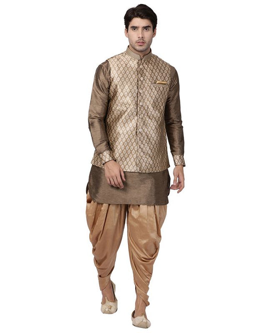 Men's Gold Silk Blend Straight Jacket  Kurta and Dhoti Set